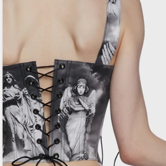 Dolls Kill NWOT Sold Out Women's Black Angel Print Corset Top - Picture 4 of 11
